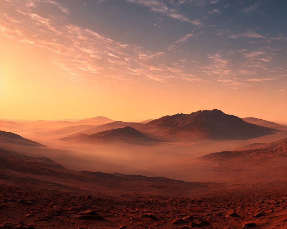 Majestic Martian sunset over misty mountains