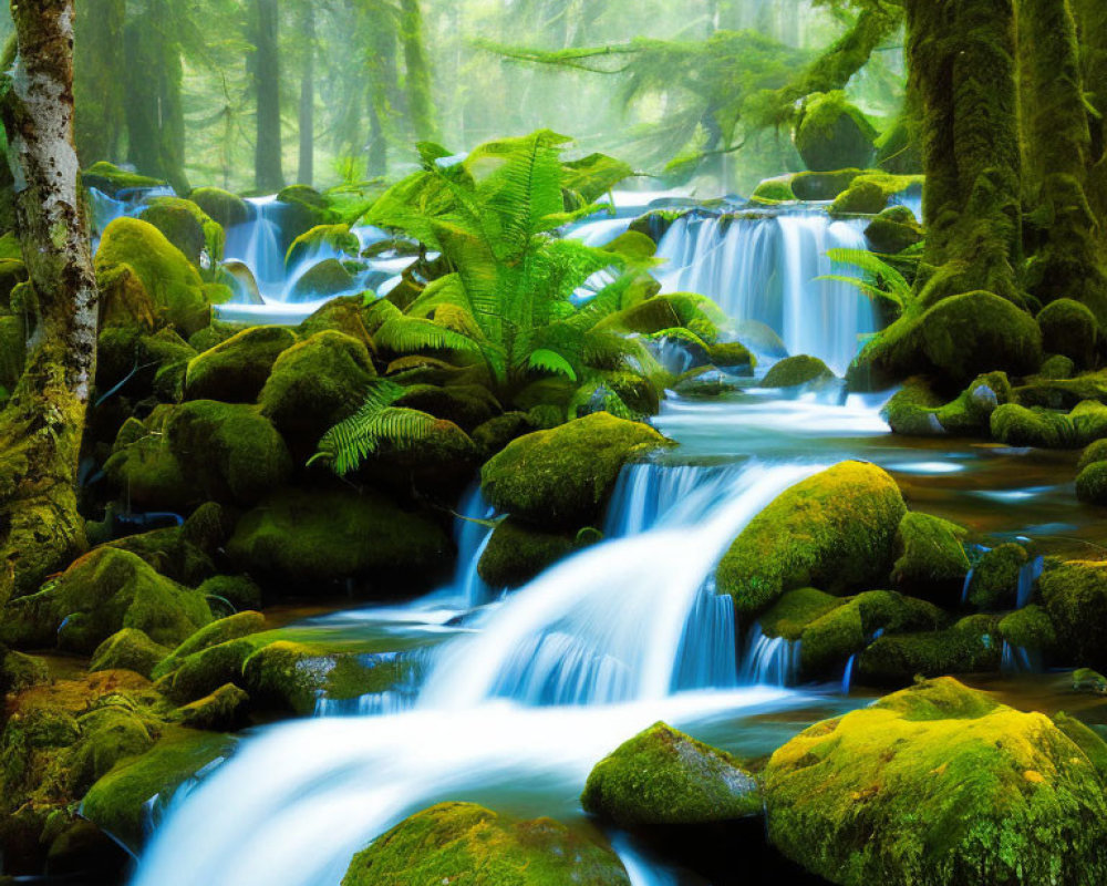 Tranquil Stream Flowing Through Moss-Covered Rocks