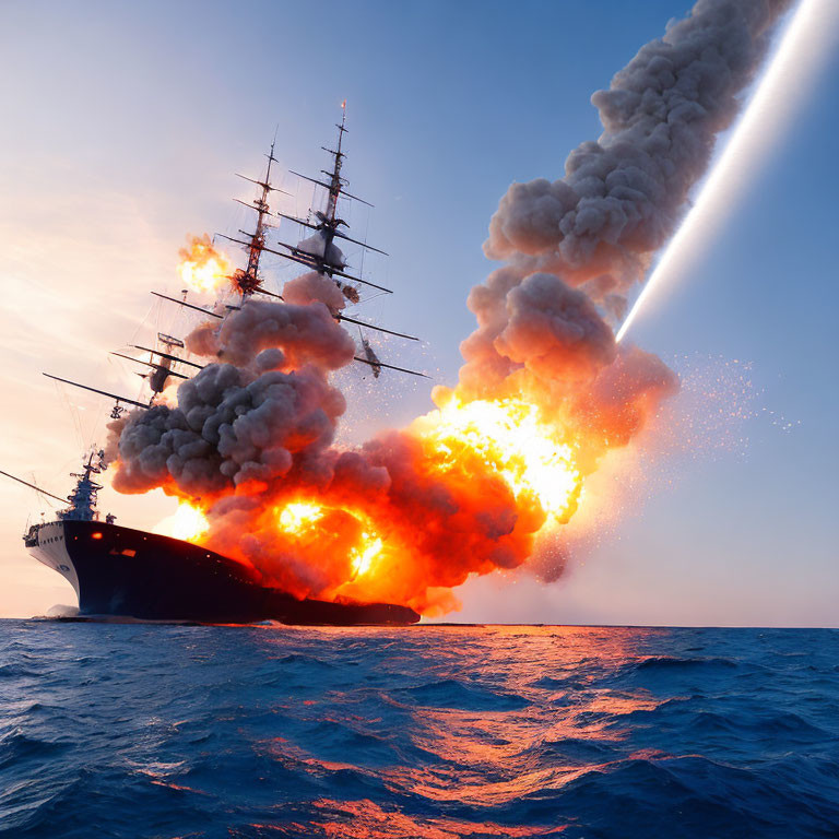 Sailing ship engulfed in flames on the ocean at sunset