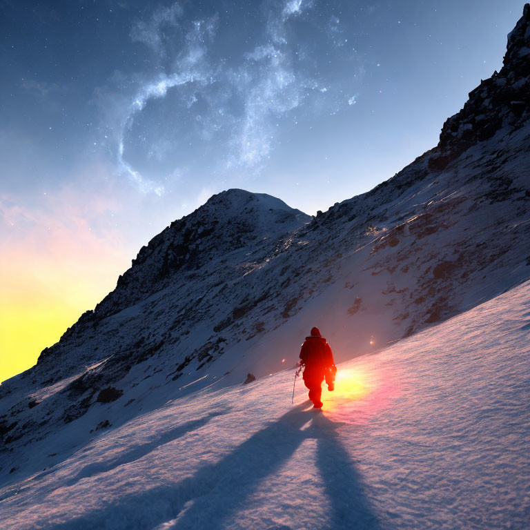 Snow-covered mountain climber under starry sky with galaxy at dusk