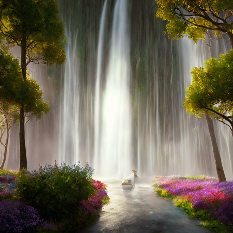 Sunlit Forest Glade with Serene Waterfall and Boat Person