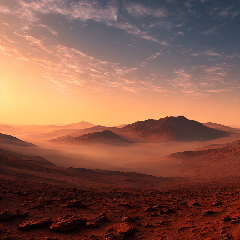 Majestic Martian sunset over misty mountains