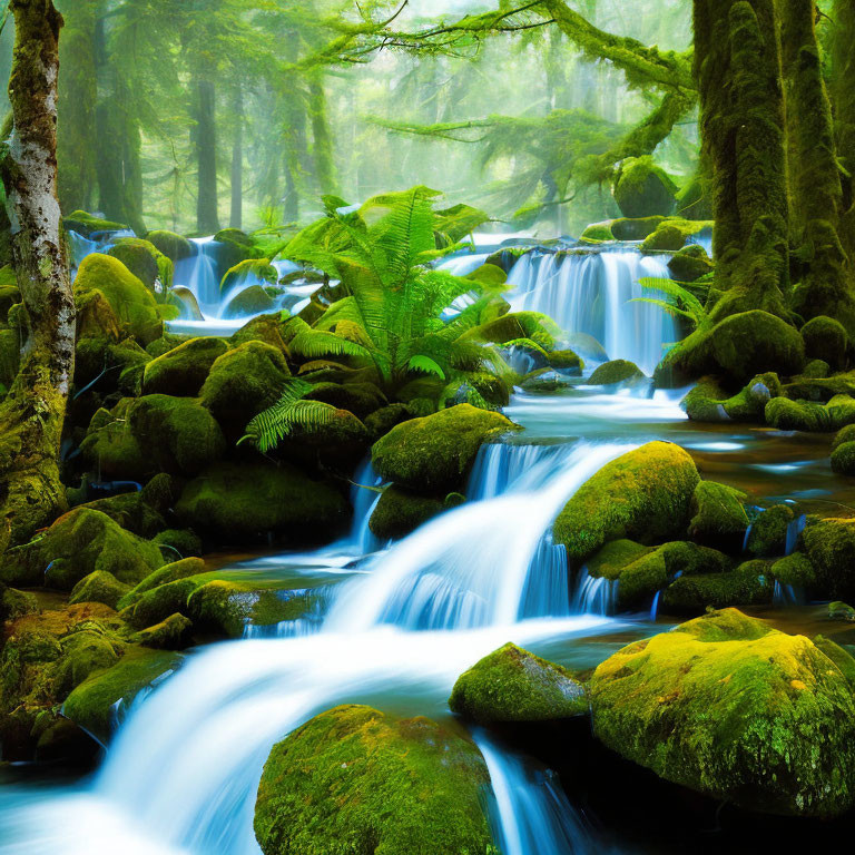 Tranquil Stream Flowing Through Moss-Covered Rocks