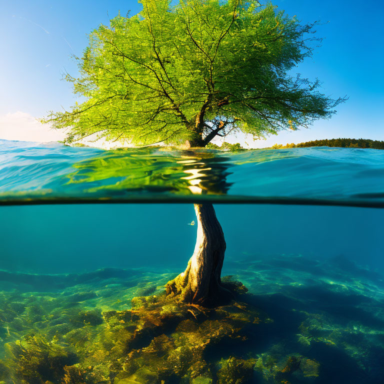 Split-view shot of lush green tree half submerged in clear water, with underwater roots, against sunny sky