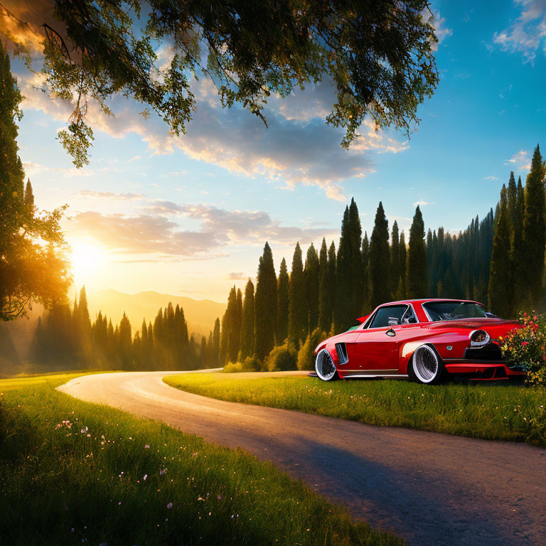 Vintage red car on winding road surrounded by green trees at sunset