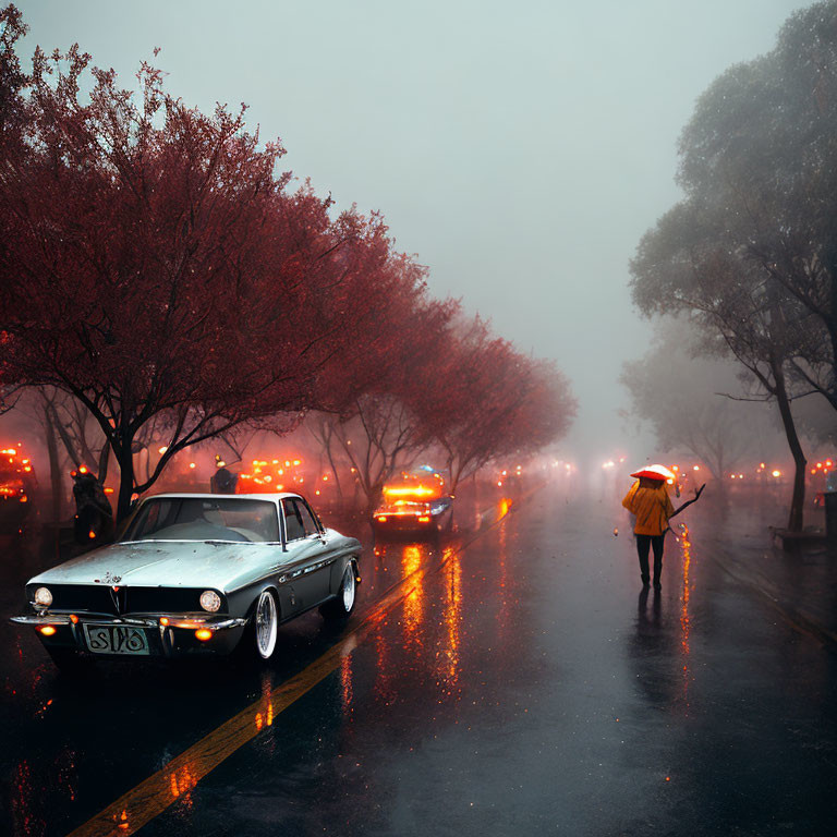 Person with Yellow Umbrella Walking on Wet Street with Vintage Cars and Red Foliage