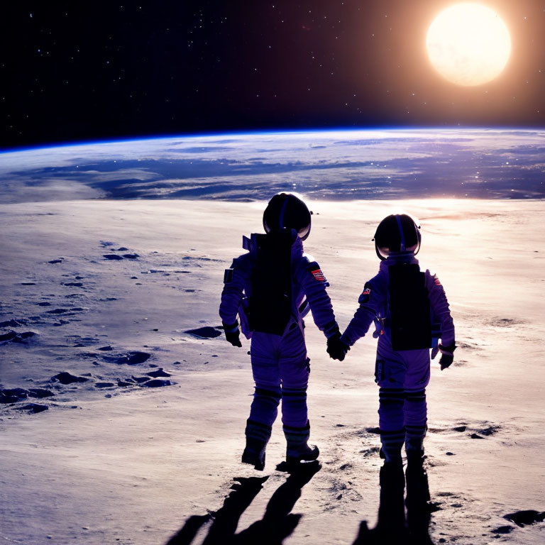 Astronauts holding hands on the moon with Earth backdrop