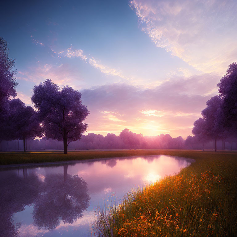 Tranquil sunset scene with purple trees, reflective pond, and yellow wildflowers