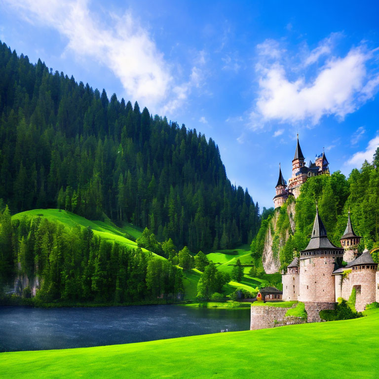 Castle on Forested Hill Overlooking Tranquil Lake