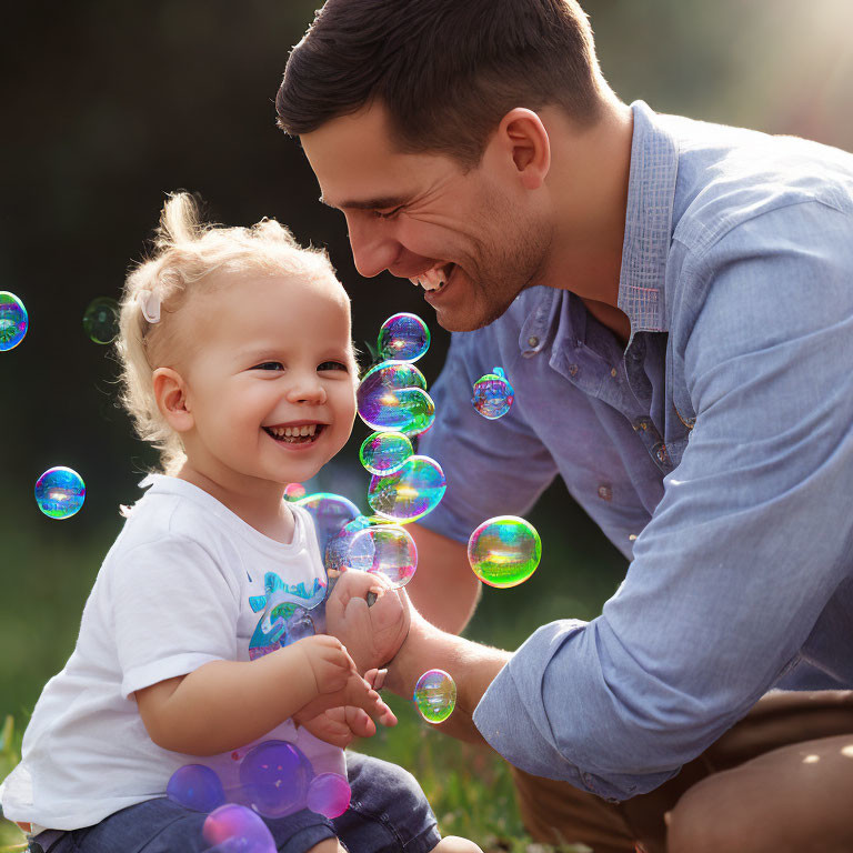 Toddler and Father Enjoying Soap Bubbles Outdoors
