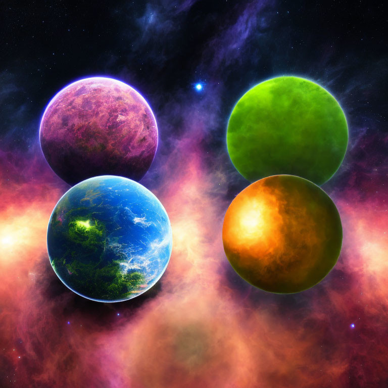 Colorful Planets Against Starry Nebula in Space