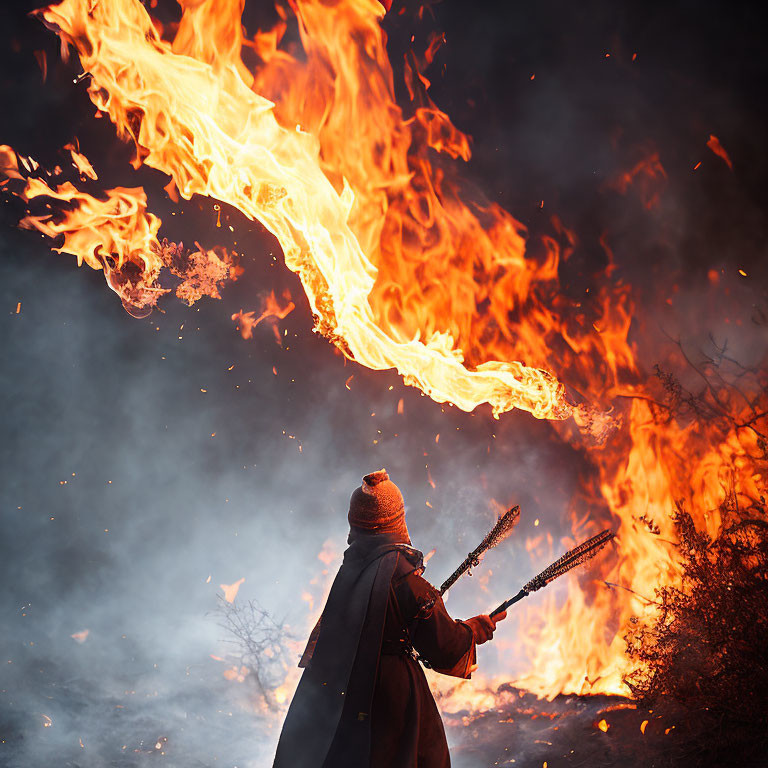 Person in Warm Clothing Breathing Fire at Night