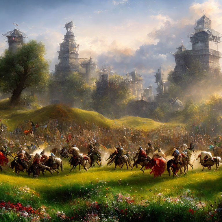 Medieval cavalry charging towards a fortified city in a flowered field