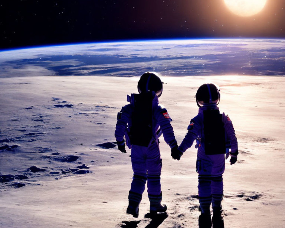 Astronauts holding hands on the moon with Earth backdrop