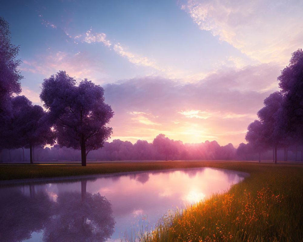 Tranquil sunset scene with purple trees, reflective pond, and yellow wildflowers
