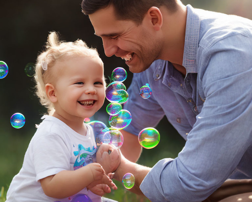 Toddler and Father Enjoying Soap Bubbles Outdoors