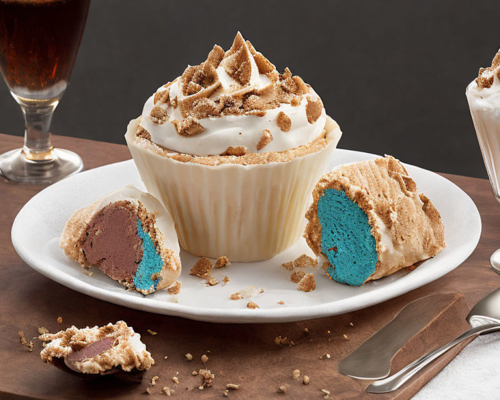 Half-eaten cupcake with blue center and crumbled toppings on plate with spoon