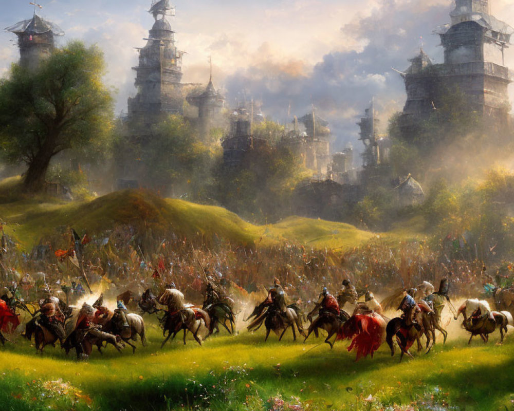 Medieval cavalry charging towards a fortified city in a flowered field