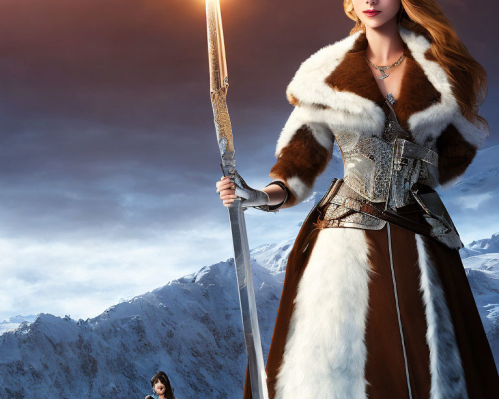 Digital artwork: Two female warriors in snowy mountain landscape