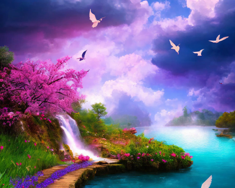 Colorful fantasy landscape with pink tree, waterfall, lake, wooden path, and birds in purple sky