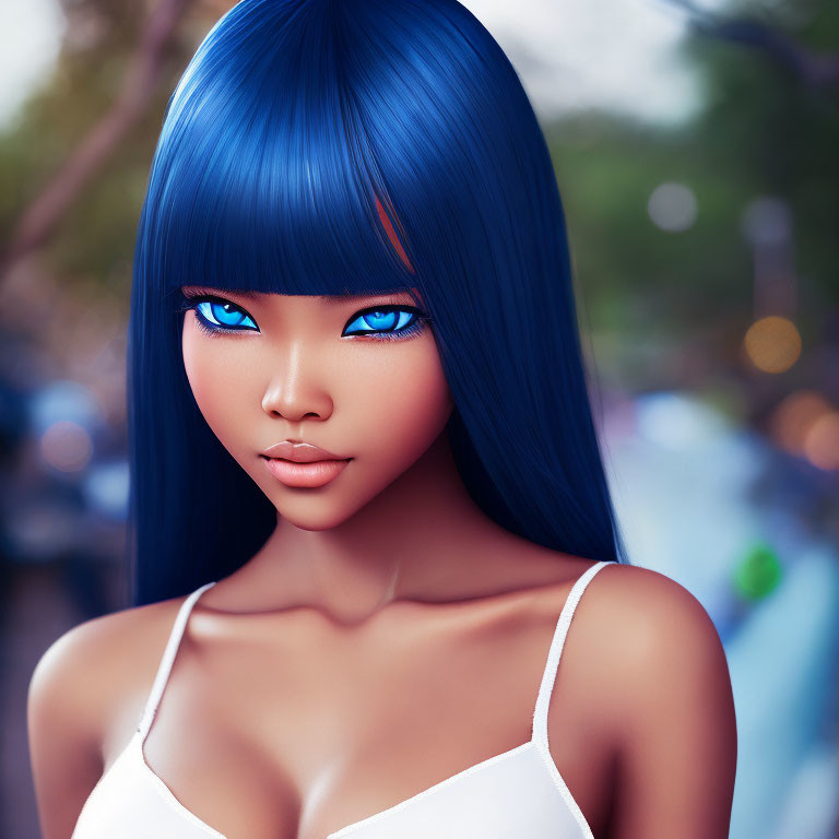 Blue-haired female character in digital art with bokeh tree background