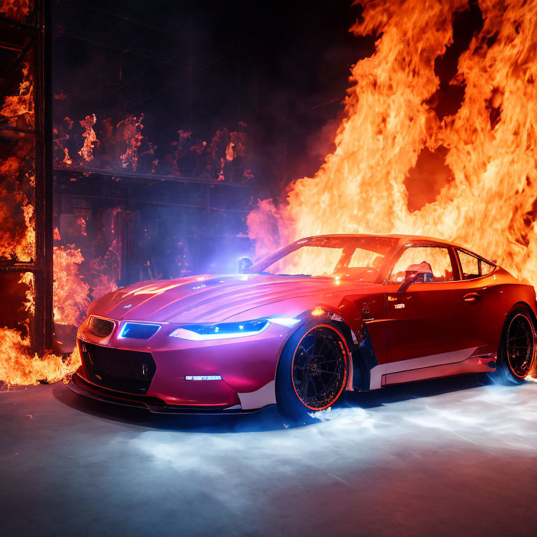 Red sports car with glowing blue headlights parked in front of dramatic flames