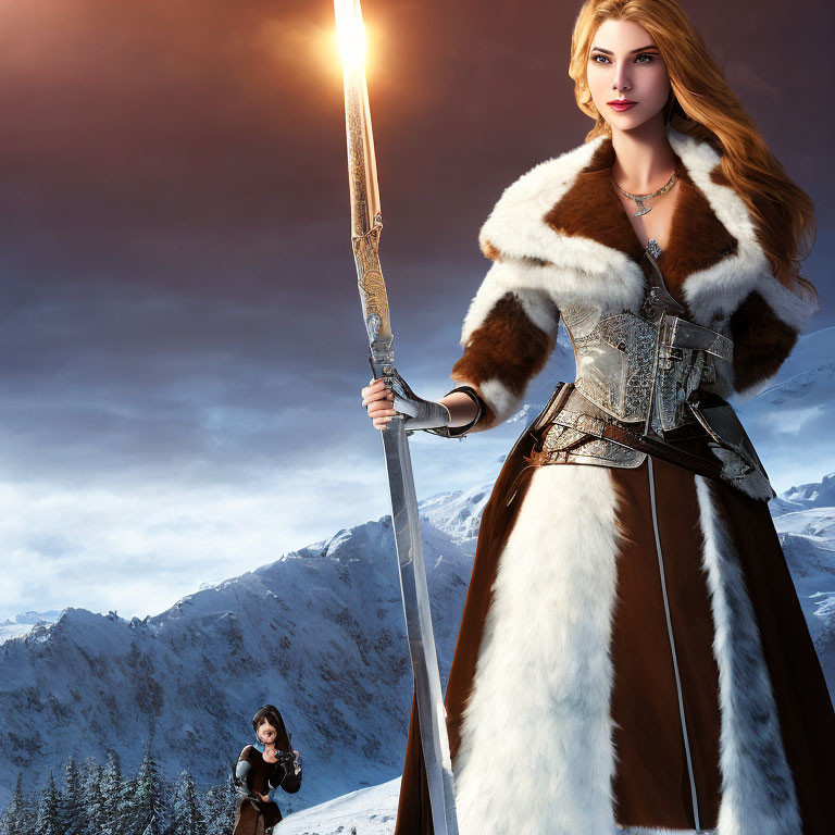 Digital artwork: Two female warriors in snowy mountain landscape