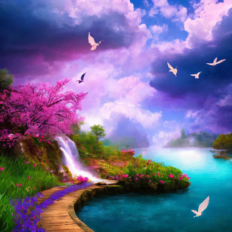 Colorful fantasy landscape with pink tree, waterfall, lake, wooden path, and birds in purple sky
