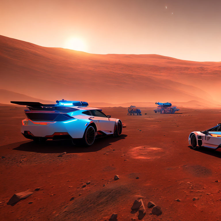 Futuristic police vehicle with flashing lights on dusty Martian landscape at sunset