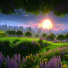 Colorful Meadow with Flowers, Sunrise, Mountains, and Green Canopy