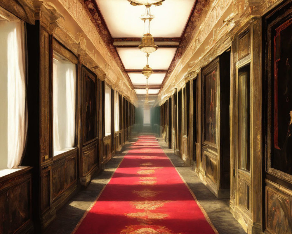 Luxurious Hallway with Wooden Paneling, Red Carpet, Large Windows, and Chandelier