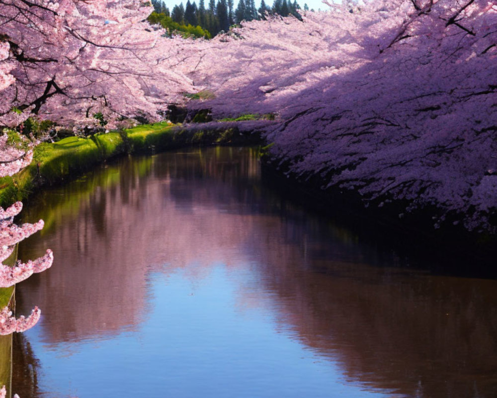 Tranquil river with pink cherry trees in bloom under clear blue sky