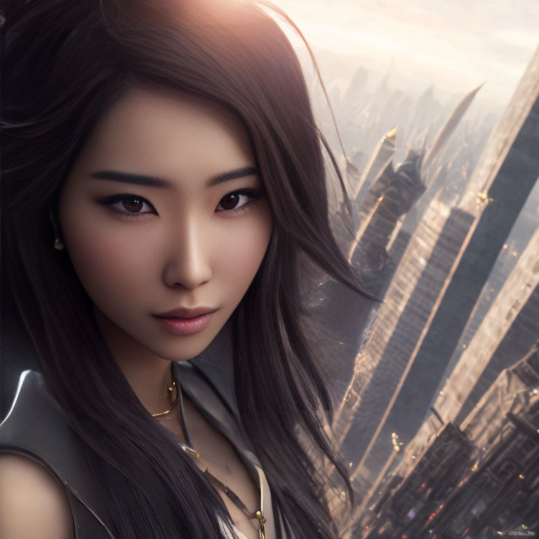 Asian woman digital portrait with futuristic cityscape and soft lighting