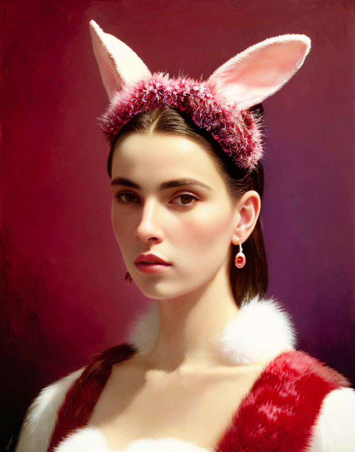 Woman in bunny ears and red/white fur costume on burgundy background