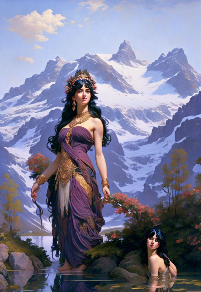 Illustrated woman in traditional Indian attire near snowy mountains and tranquil pool