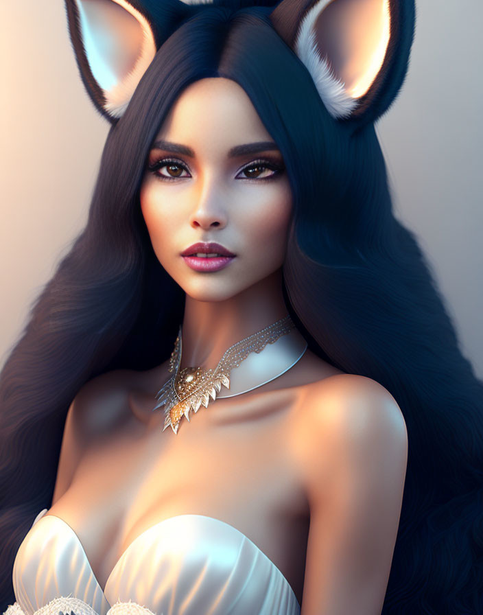 Digital portrait of woman with dark hair and fox ears in white dress and golden necklace against softly lit background