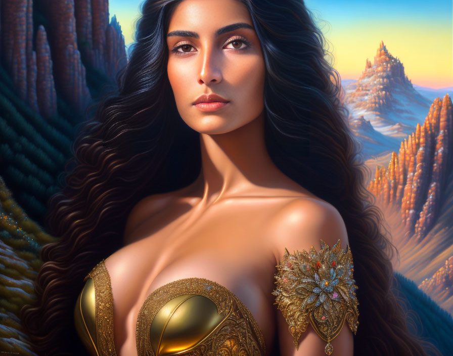 Digital artwork: Woman with long wavy hair in golden shoulder armor in fantastical landscape