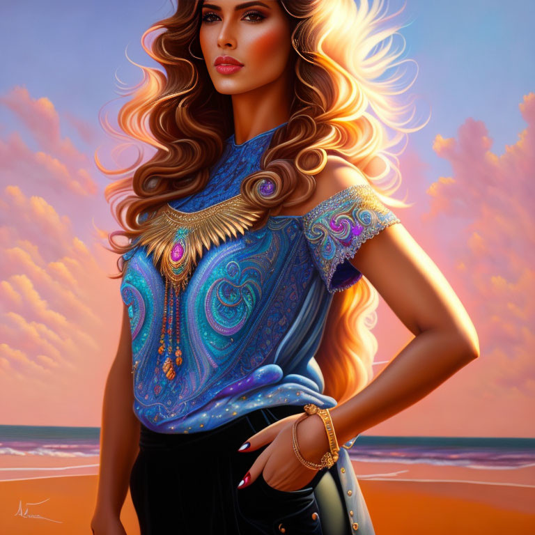 Voluminous wavy hair woman in ornate blue blouse at beach sunset