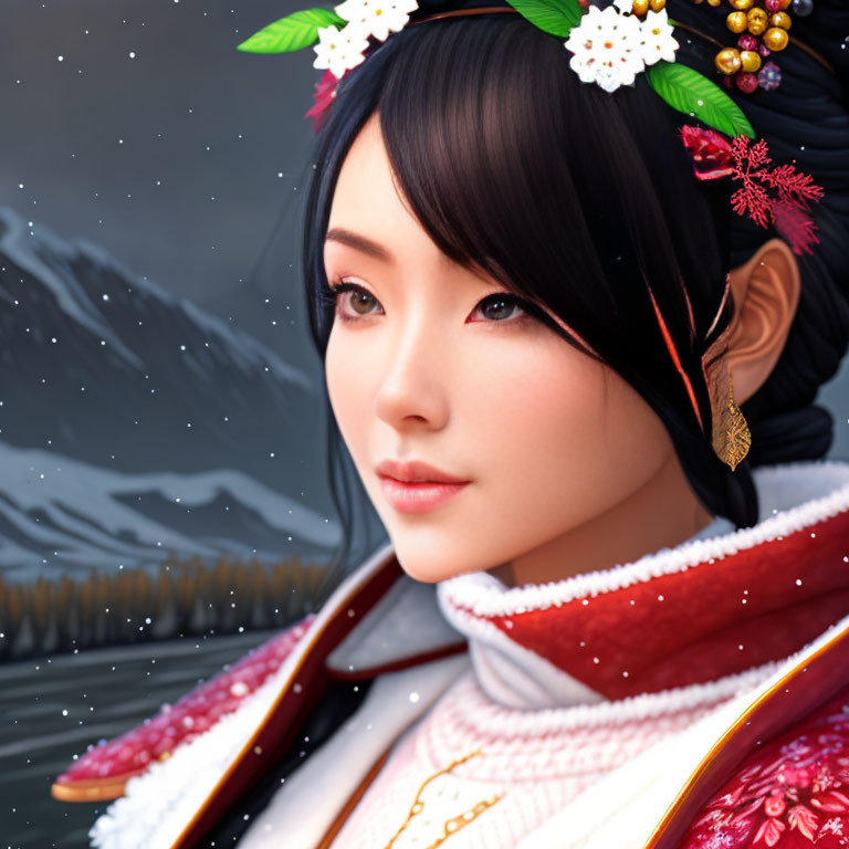 Digital Artwork: Asian Woman in Traditional Attire with Floral Hair Adornment