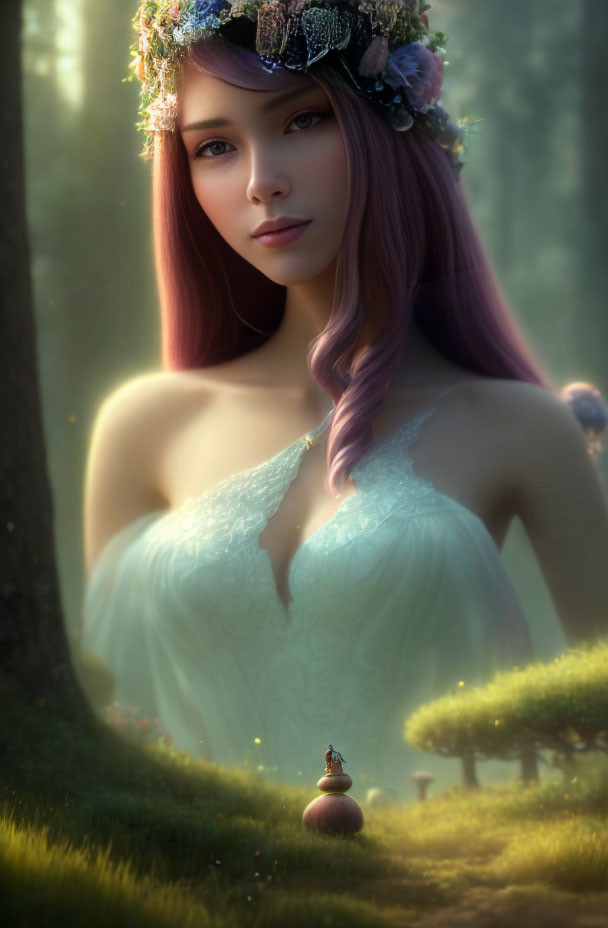 Woman with Purple Hair and Floral Crown in Misty Forest with Tiny Bottle