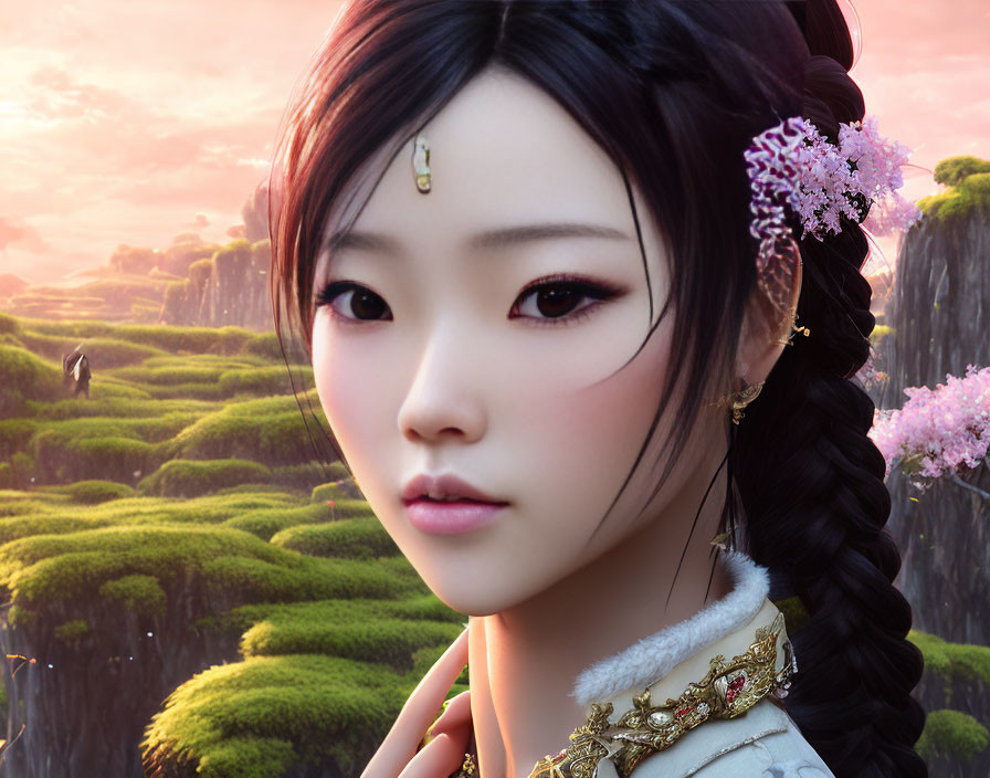 Digital portrait of Asian woman with traditional jewelry in scenic backdrop.