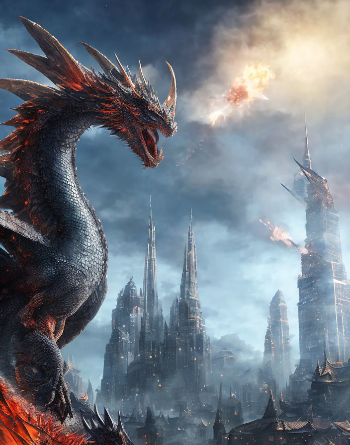 Majestic dragon over fantasy cityscape with dramatic sky and fireball