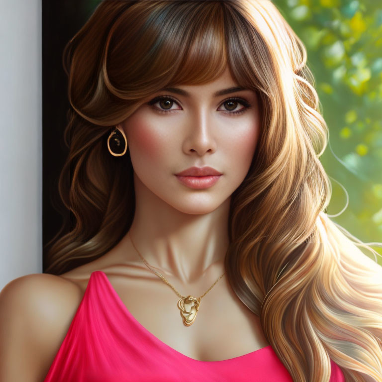 Portrait of Woman with Long Wavy Hair and Gold Earrings in Pink Top