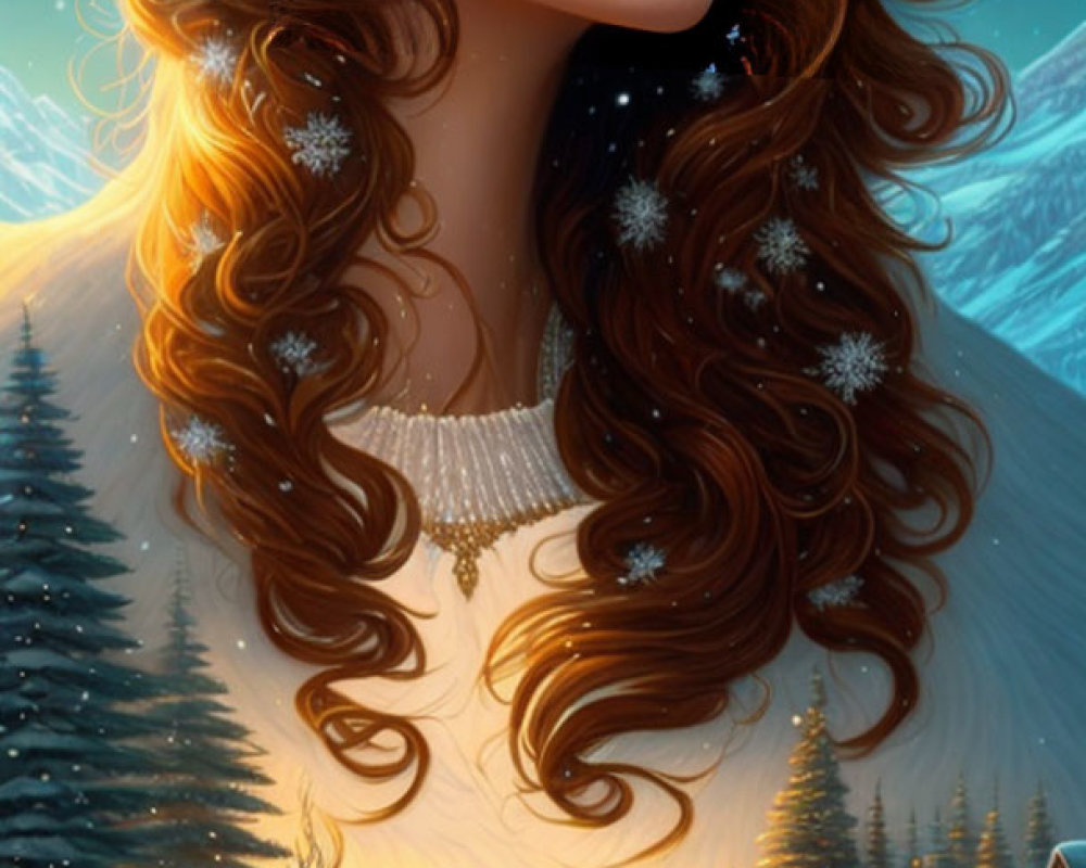 Digital artwork: Woman with auburn hair and snowflakes in winter landscape