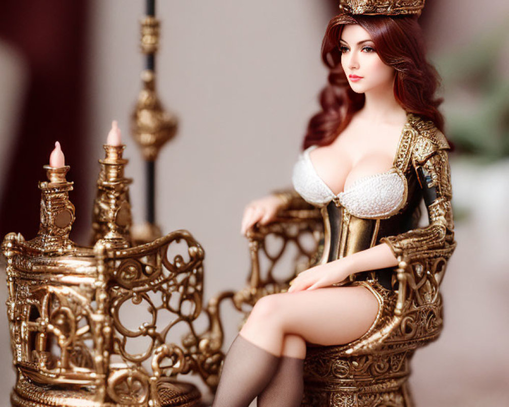 Medieval queen doll on golden throne with detailed gown and crown