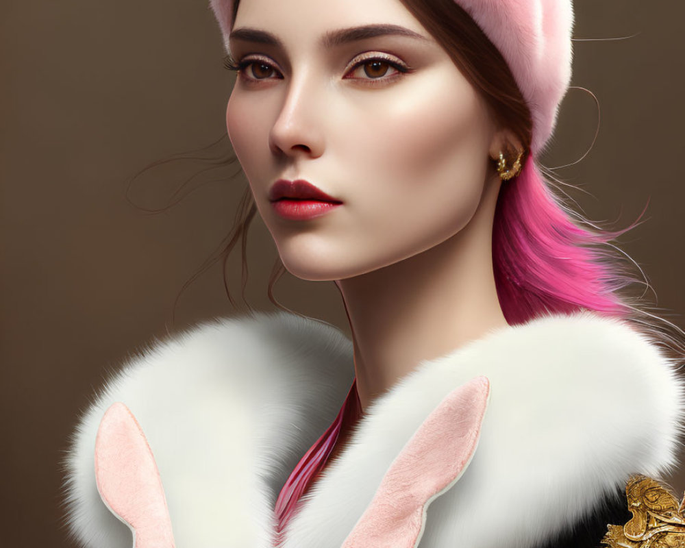 Digital portrait of woman with pink bunny ears and ornate shoulder armor on brown background