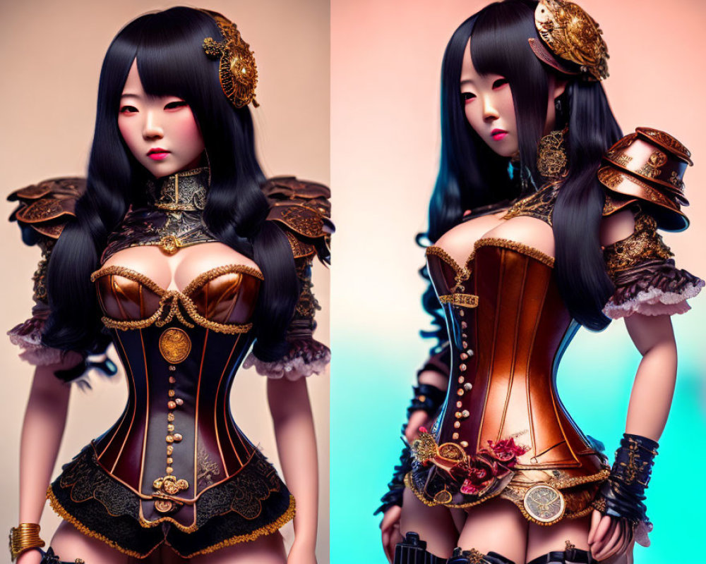 Stylized female character in fantasy costume with gold accents, front and side views