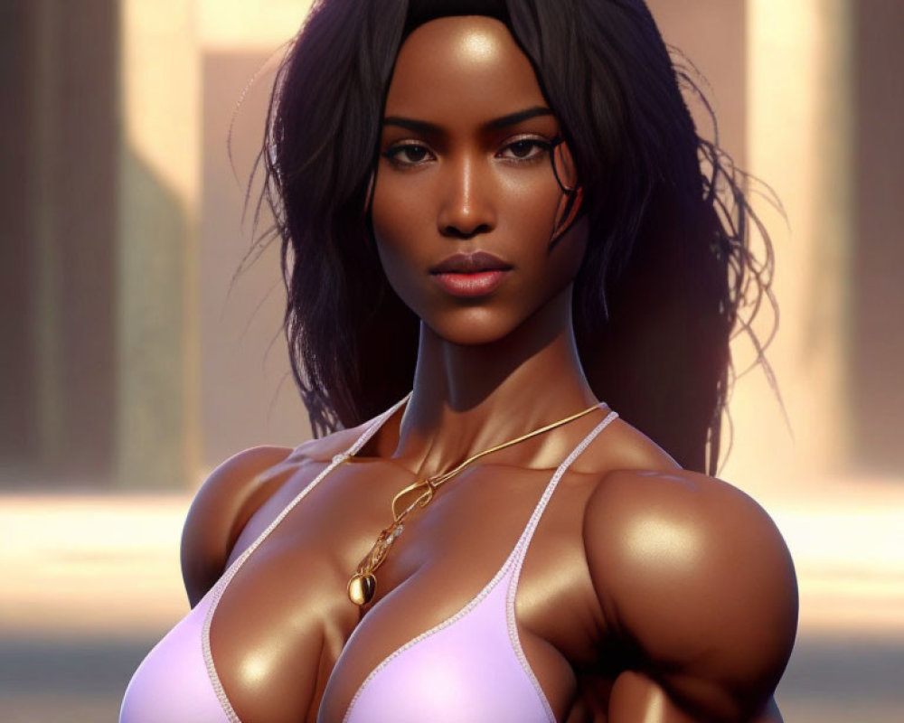 Dark-skinned woman in purple swimsuit with golden necklaces on soft lit background