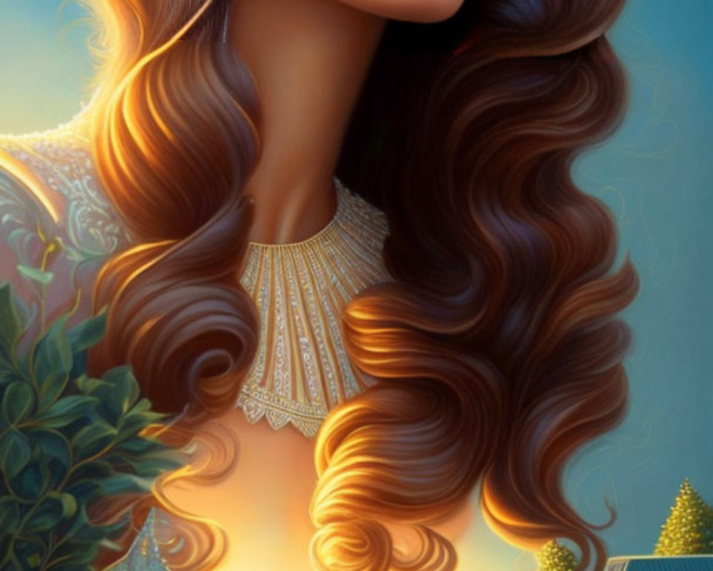 Illustrated portrait of woman with flowing hair against warm village backdrop