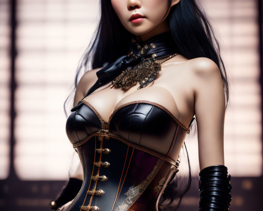 Dark-haired woman in black corset with gold details against grid window